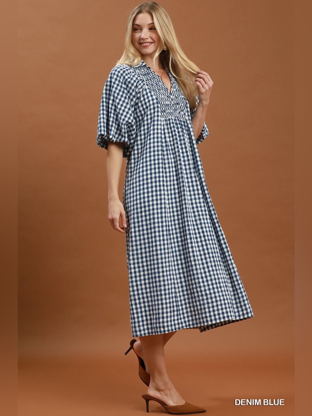 Umgee Puff Sleeve Plaid Midi Dress - Picture 2 of 6